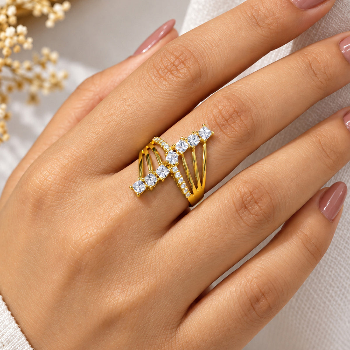 Artklim Elegant Multi-Stone Crystal Gold-Tone Anti-Tarnish Ring