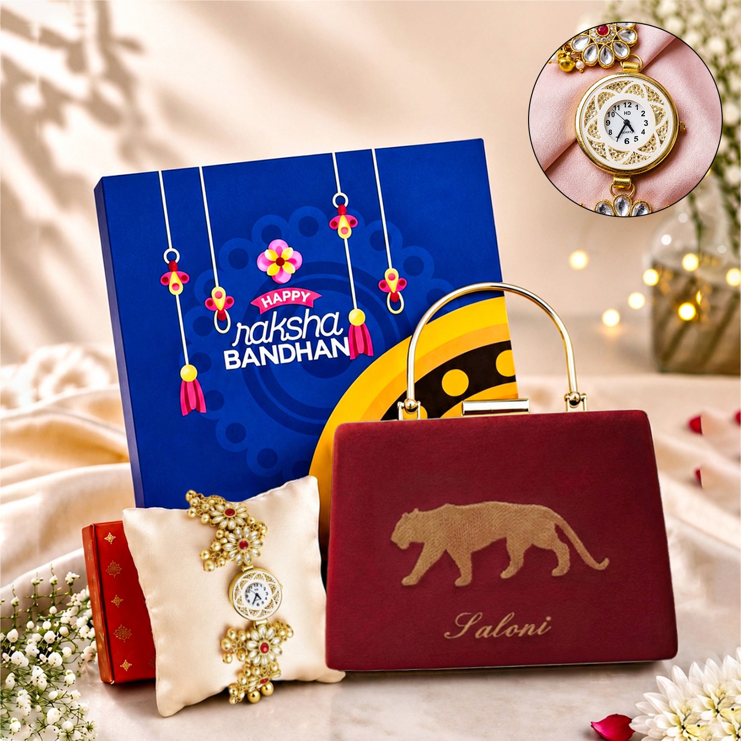 Artklim Timeless Bond Set: Personalized Tiger Clutch & Floral Rakhi Watch