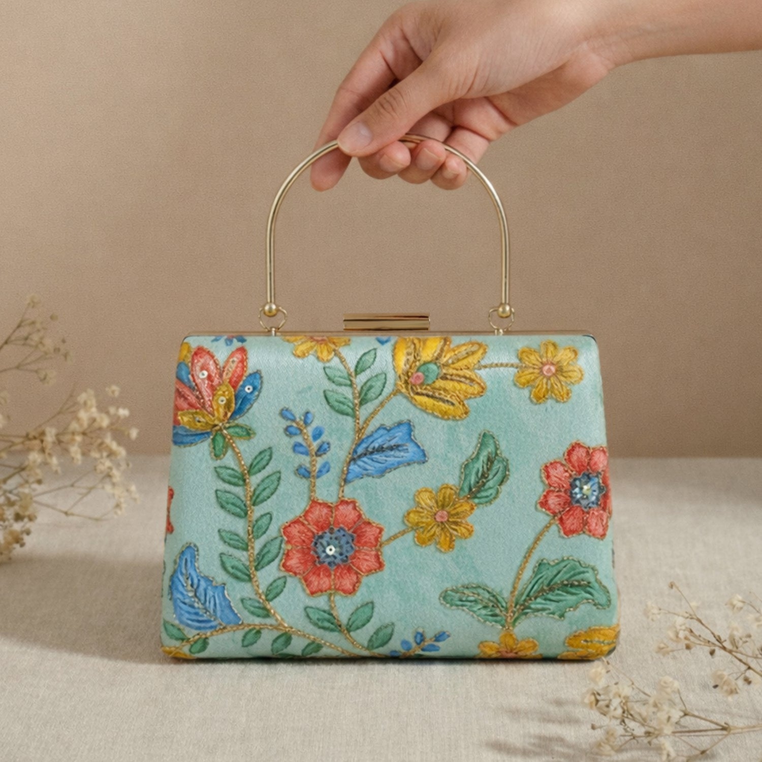 Artklim Pastel Blue Floral Embroidered Clutch