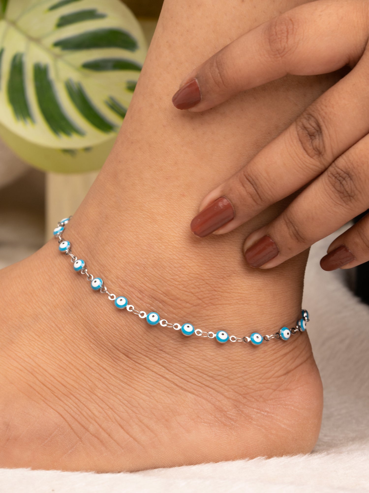 Artklim Silver-Toned Evil Eye Beads Anti Tarnish Anklet