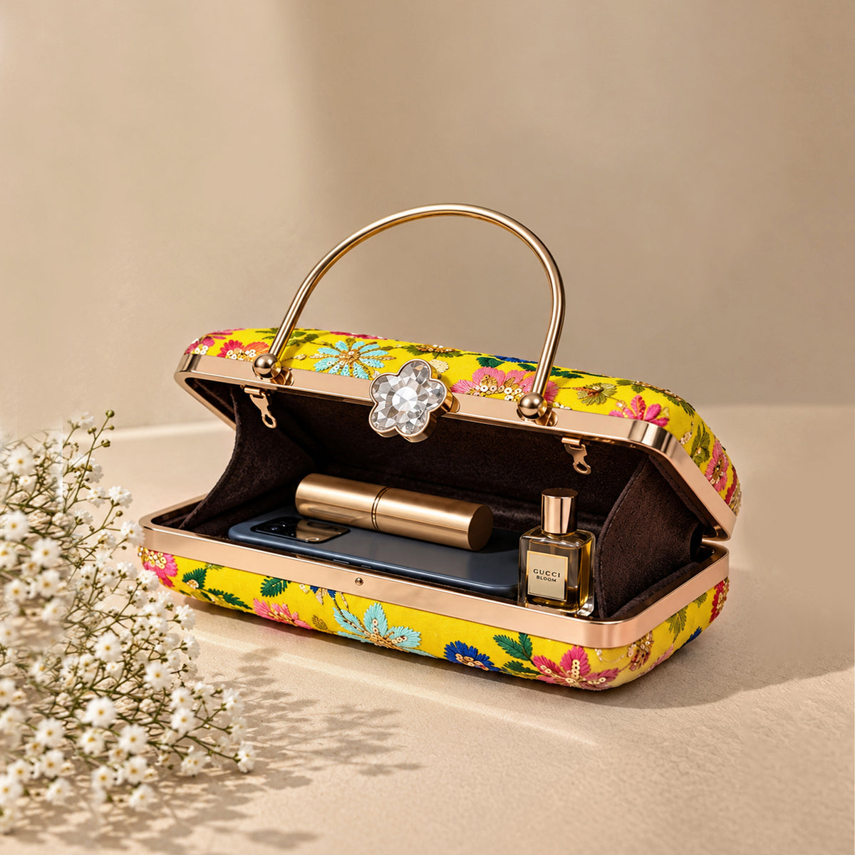 Artklim Floral Embroidered Yellow Embroidery Clutch