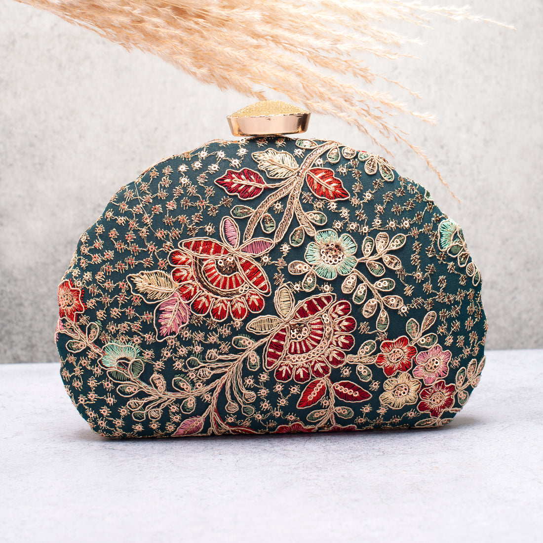 Artklim Olive Green Base Floral Threadwork Embroidery Clutch