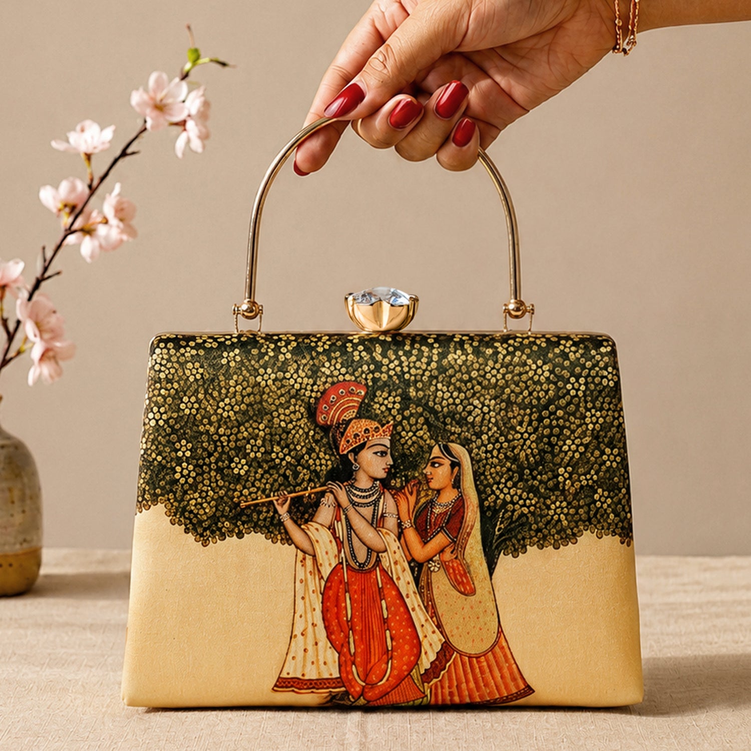 Artklim Printed Radha Krishna Divine Art Clutch with Hand Embroidery
