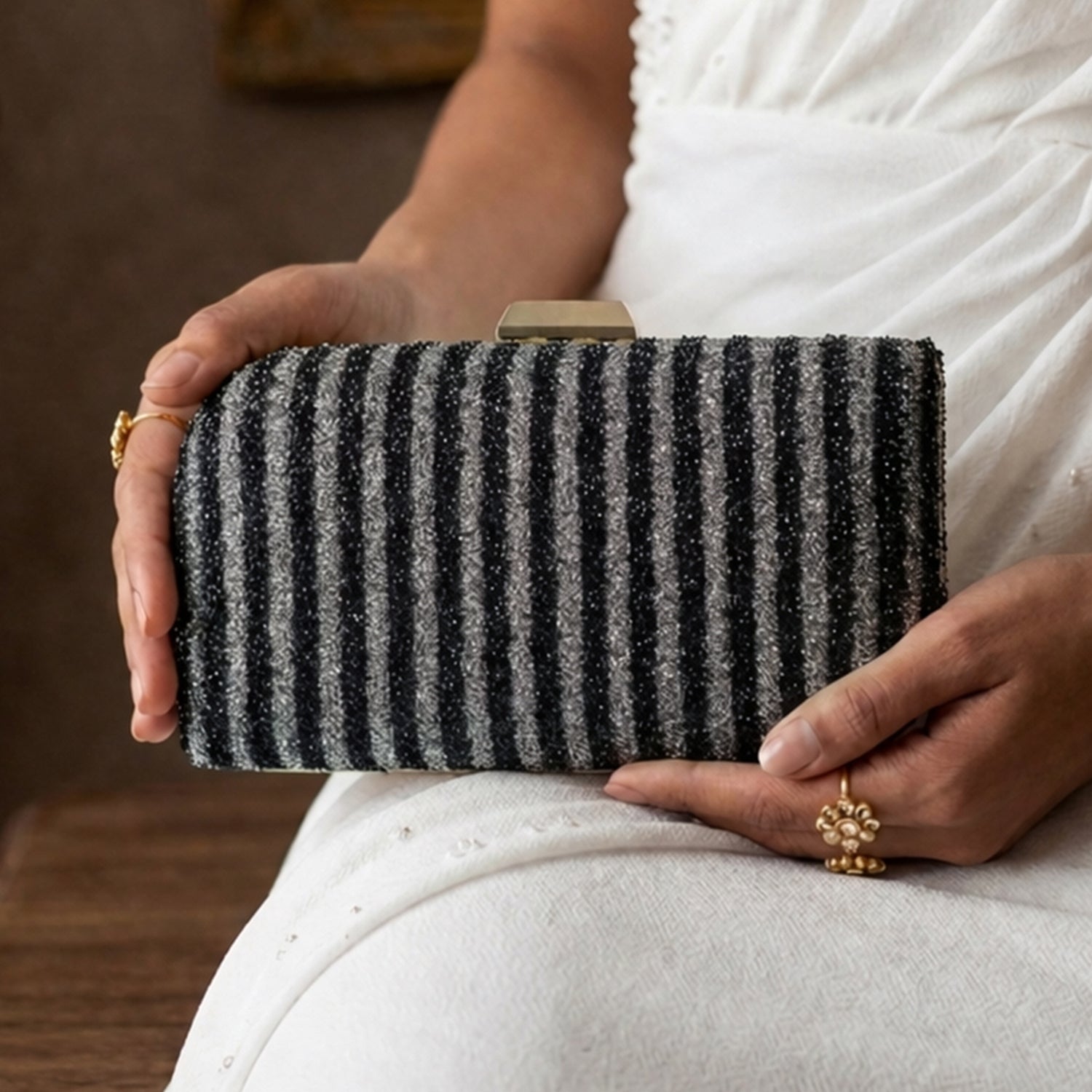 Artklim Black & Silver Striped Glitter Embroidery Clutch