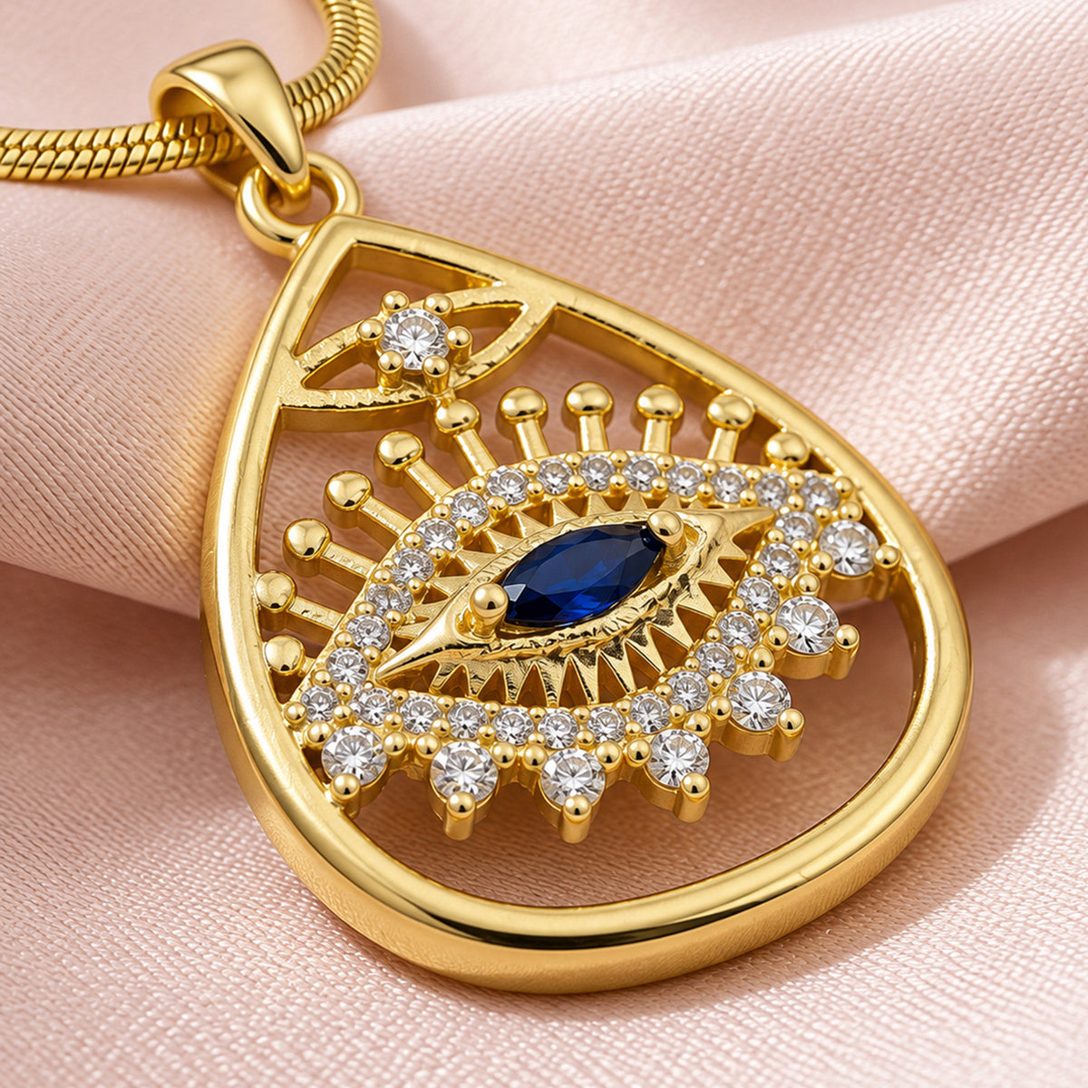 Artklim Elegant Blue Evil Eye Teardrop Crystal Anti-Tarnish Pendant Necklace
