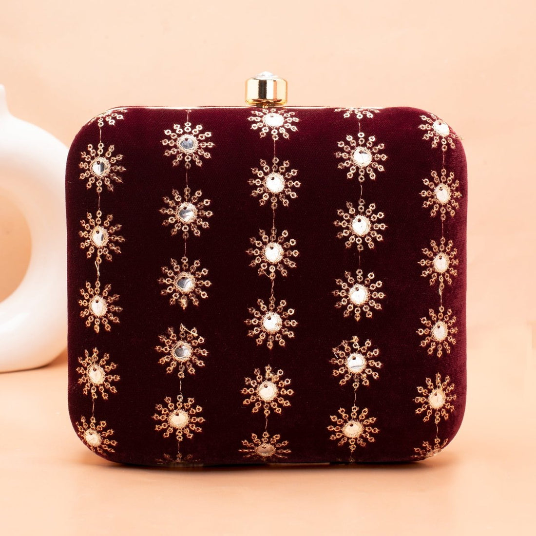 Artklim Dark Maroon Sequins Embroidery Clutch