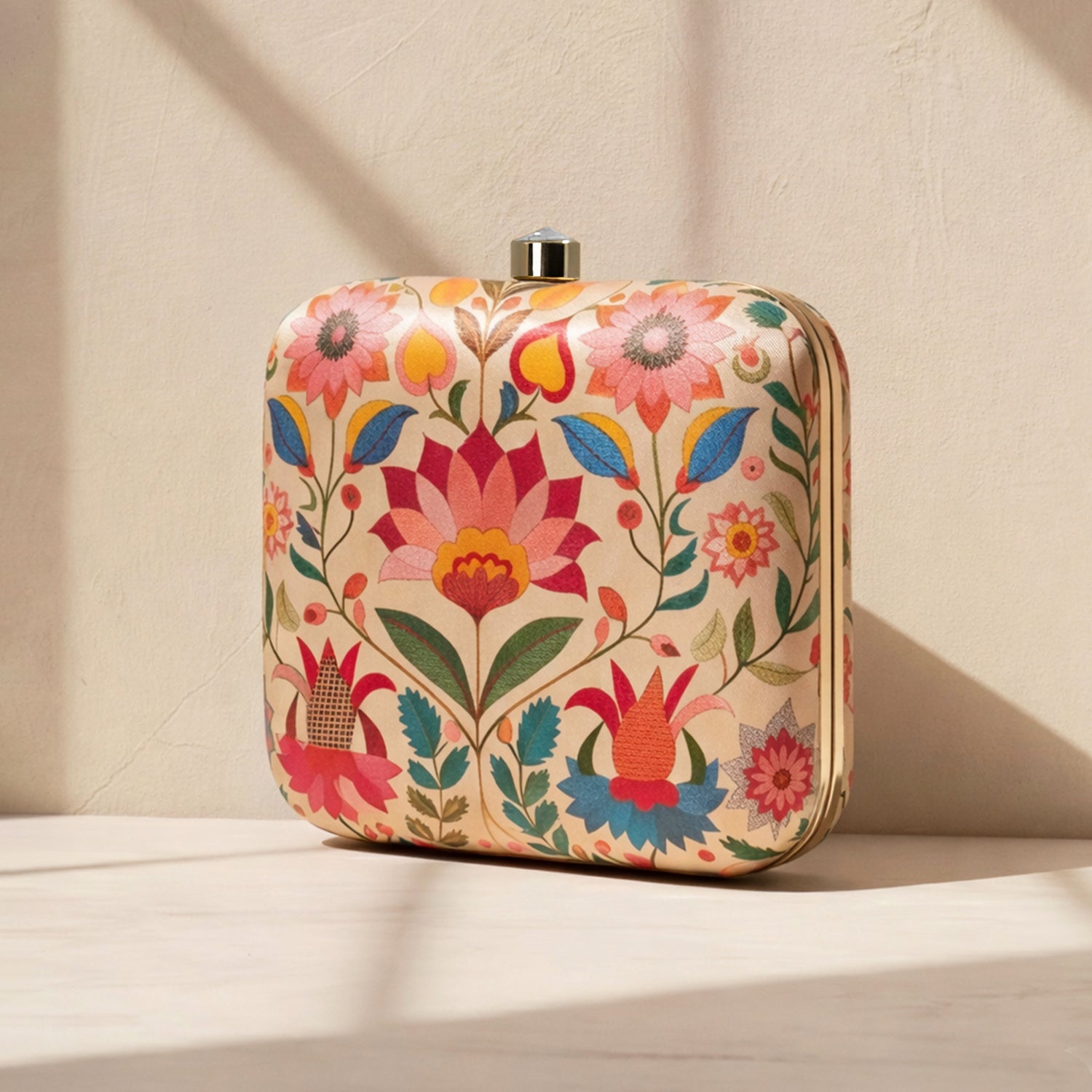 Beige Based Floral Printed Clutch