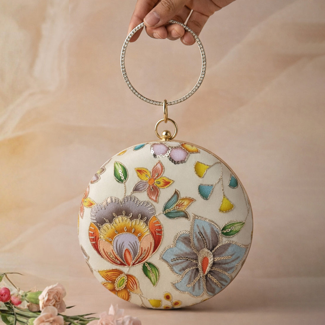 Artklim Ivory Floral Round Embroidered Clutch