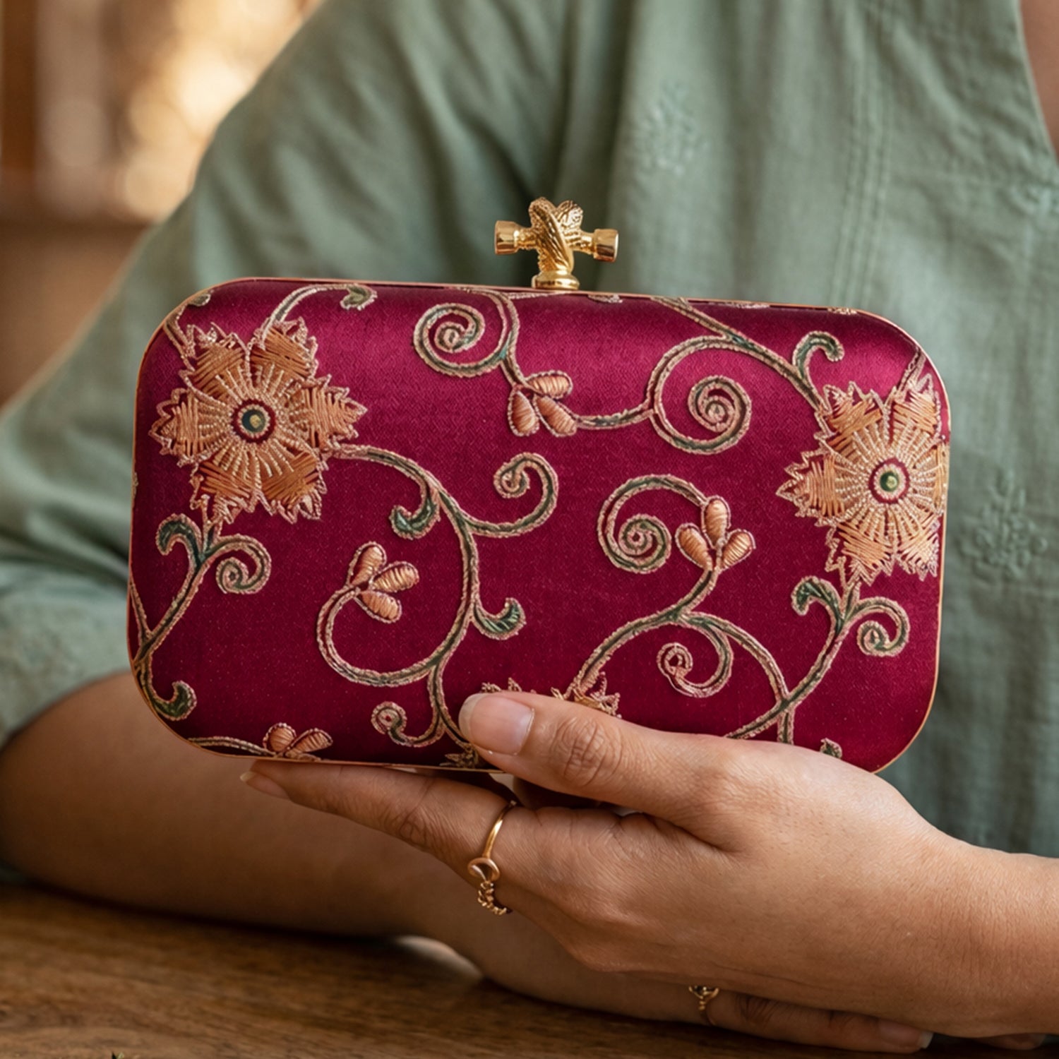 Artklim Rani Pink Floral Embroidered Clutch