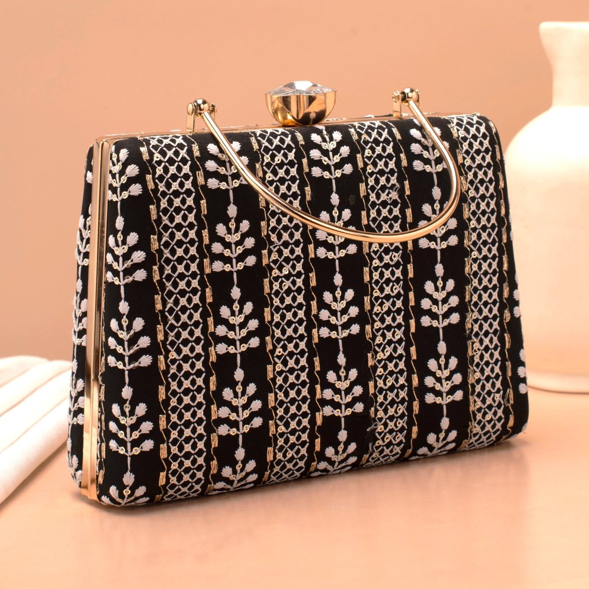 Artklim Black Base White Threadwork Embroidery Clutch