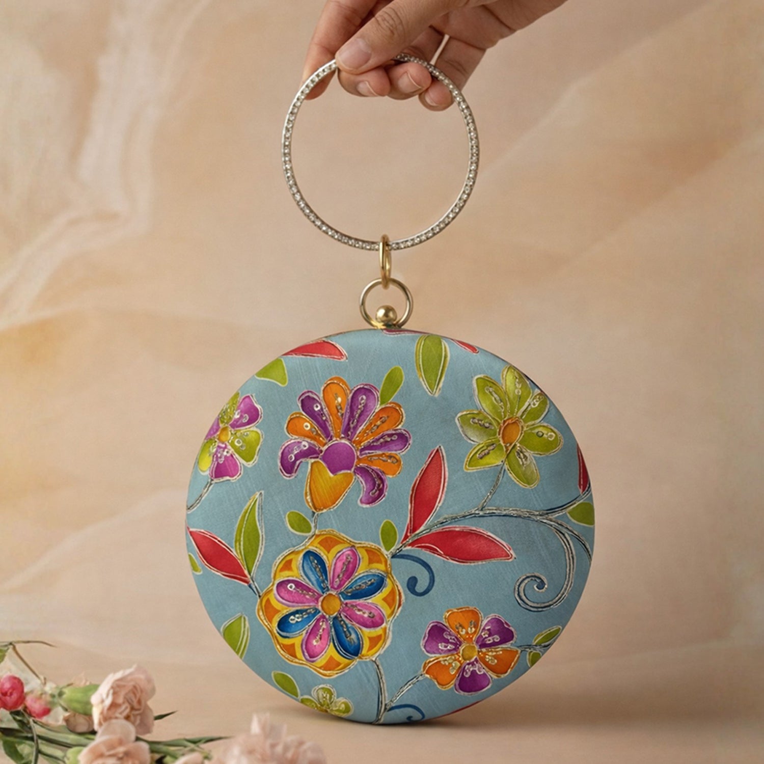 Artklim Blue Floral Round Embroidered Clutch