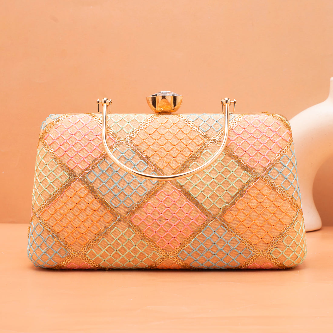 Artklim Beige Based Multicolored Threadwork Embroidery Clutch