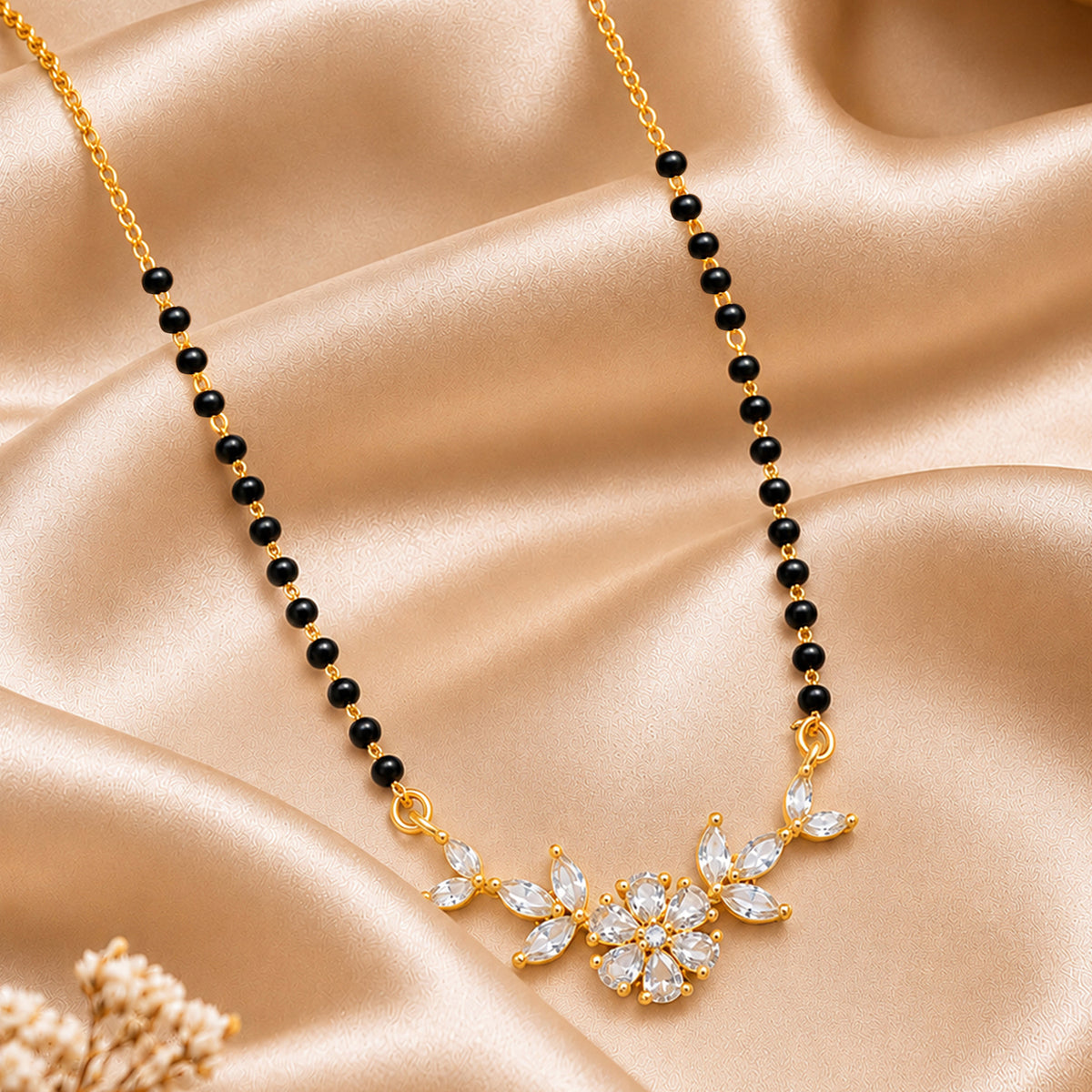 Artklim Elegant Floral Vine Design CZ Stone Gold-Plated Mangalsutra with Black Beads