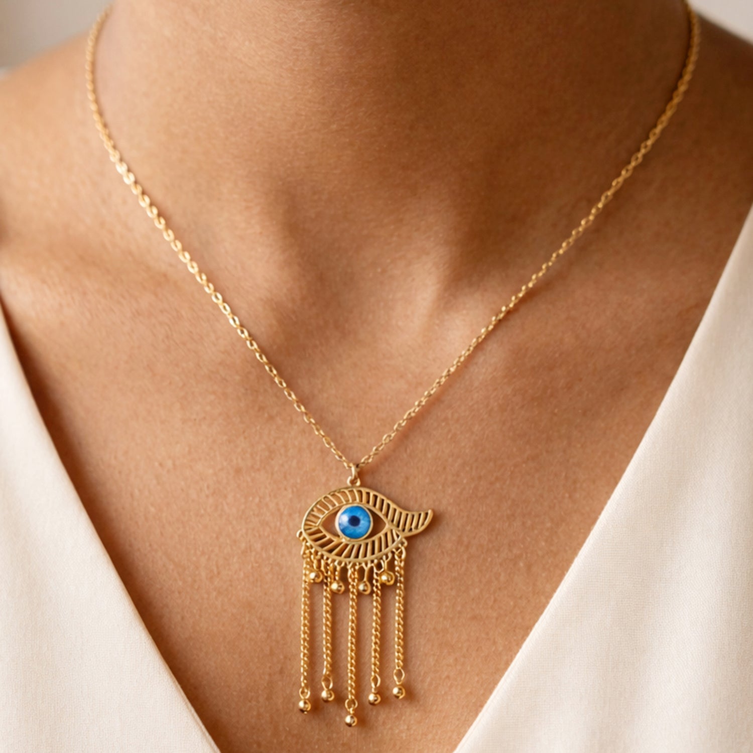 Artklim Boho Evil Eye Tassel Anti-Tarnish Necklace