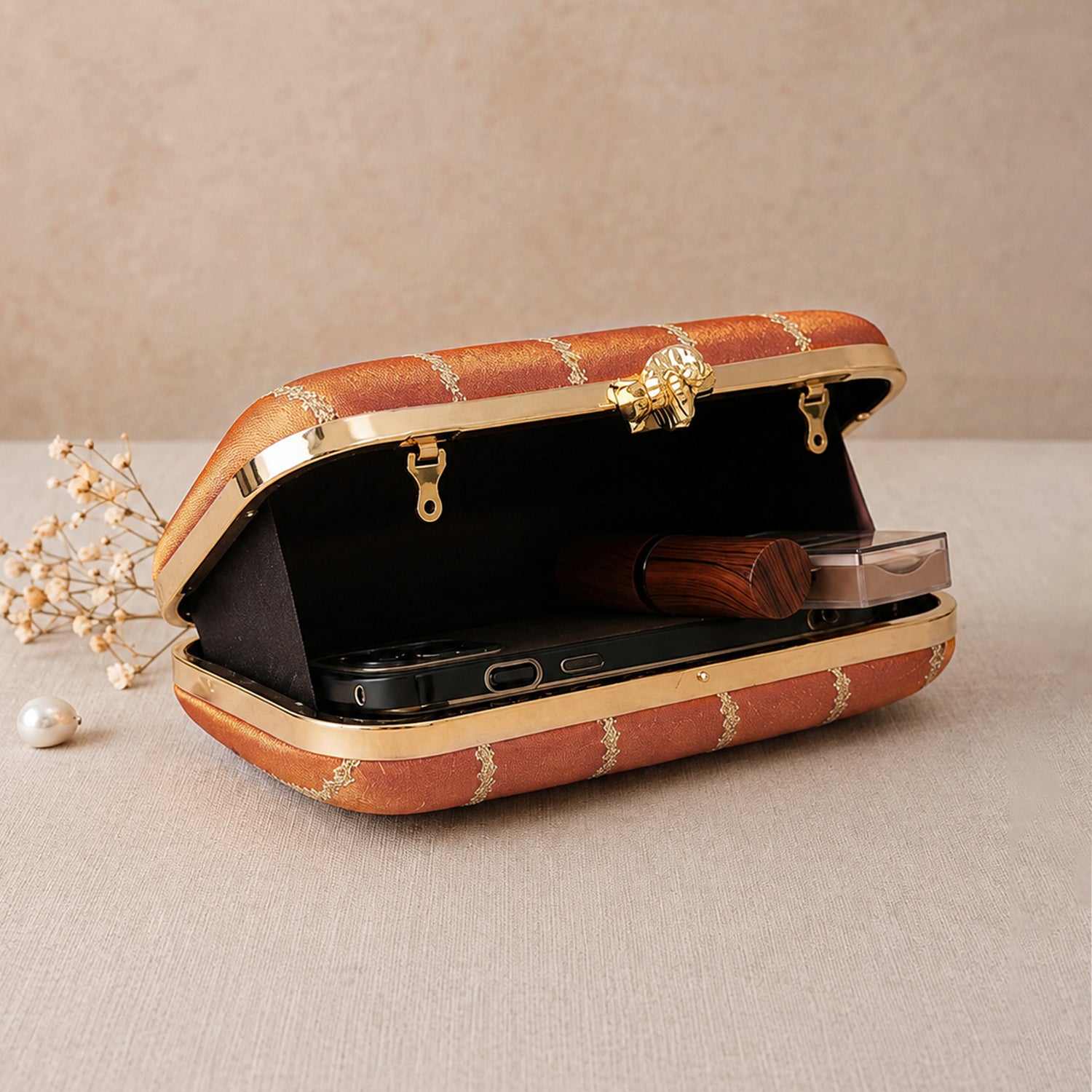 Artklim Elegant Orange Satin Embroidered Clutch
