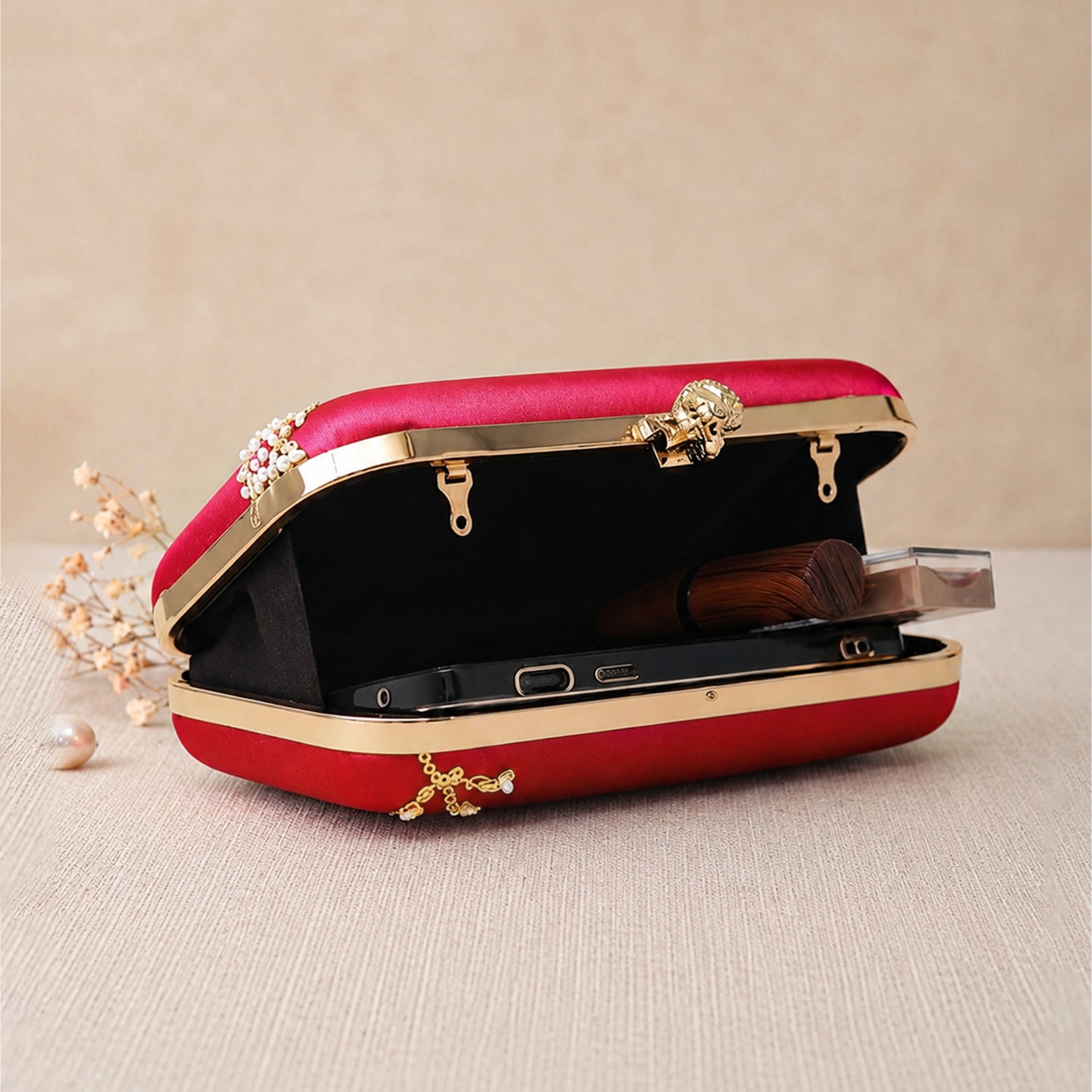 Artklim Red Based Floral Sequins Embroidery Clutch
