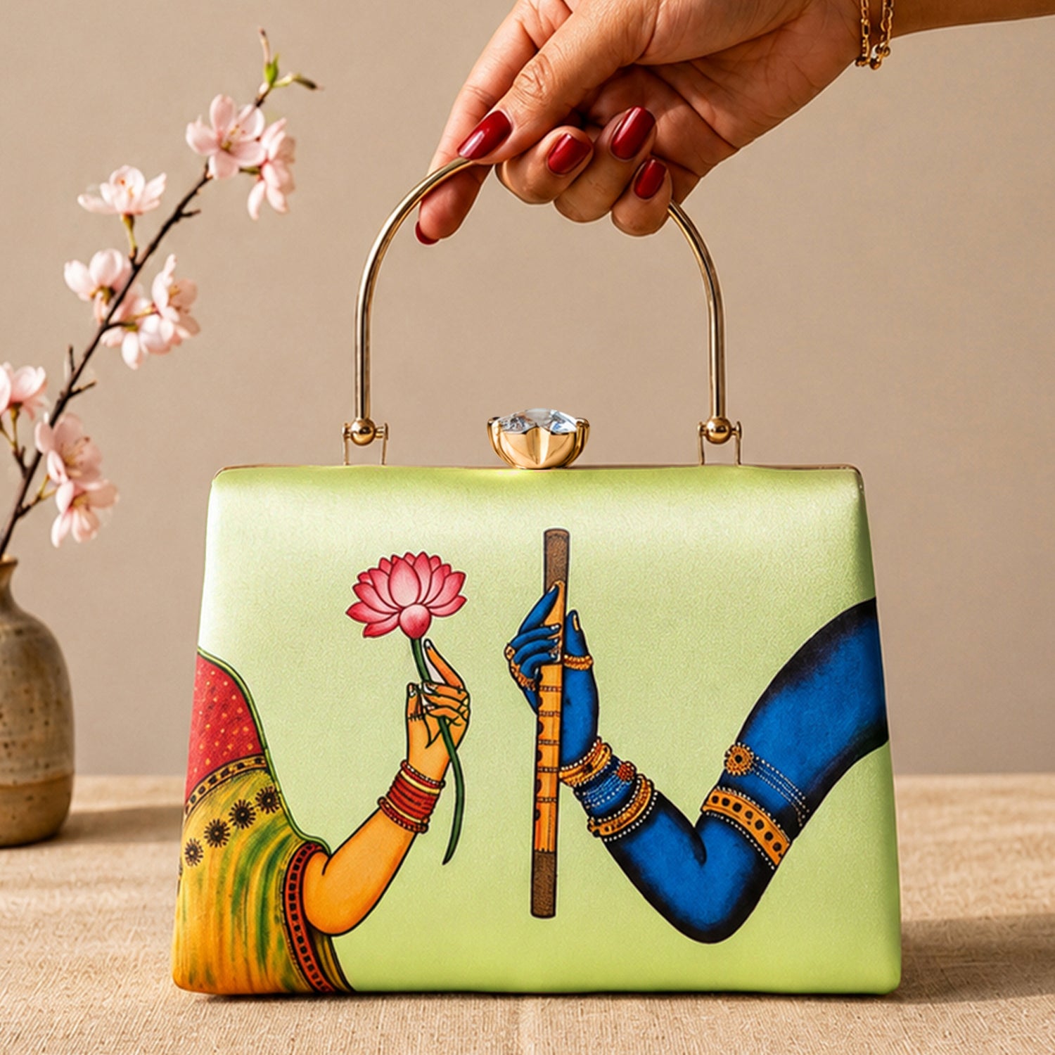 Artklim Printed Divine Harmony Radha Krishna Clutch with Hand Embroidery