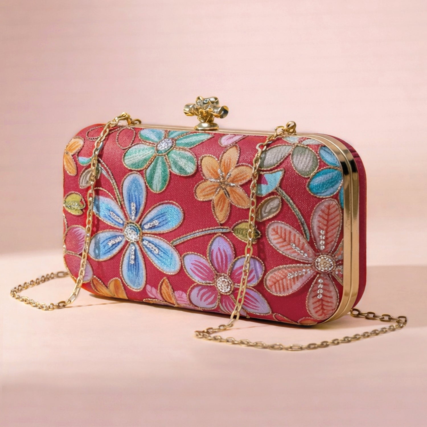 Artklim Pink Floral Embroidered Clutch