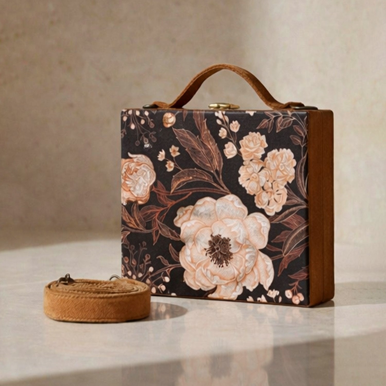 Artklim Black Floral Print Suitcase Style Clutch Bag