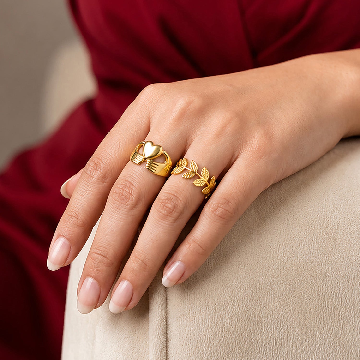 Artklim Leaf & Heart Embrace Pair Ring Set Adjustable Anti-Tarnish Ring