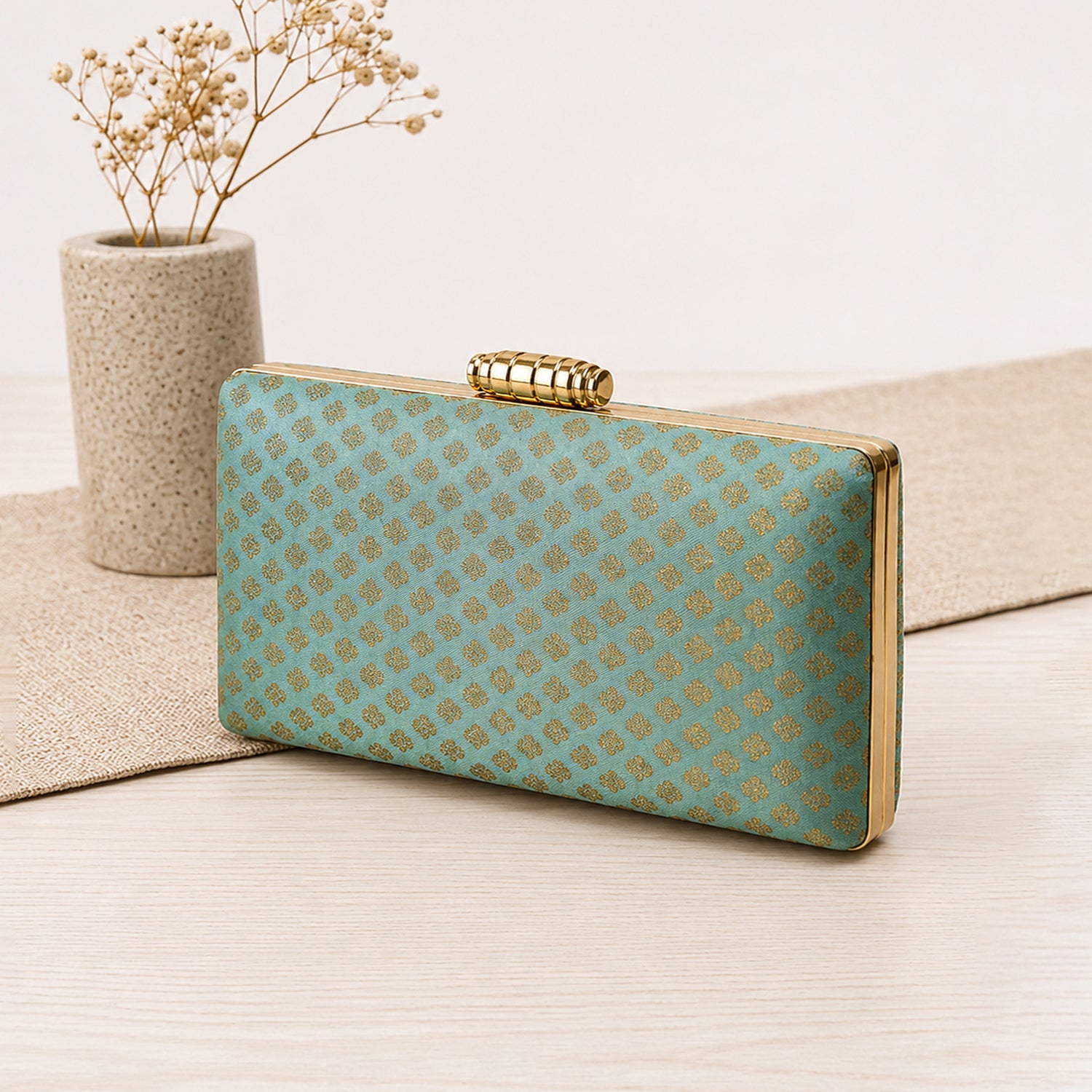 Marine Green Brocade Rectangle Fabric Clutch
