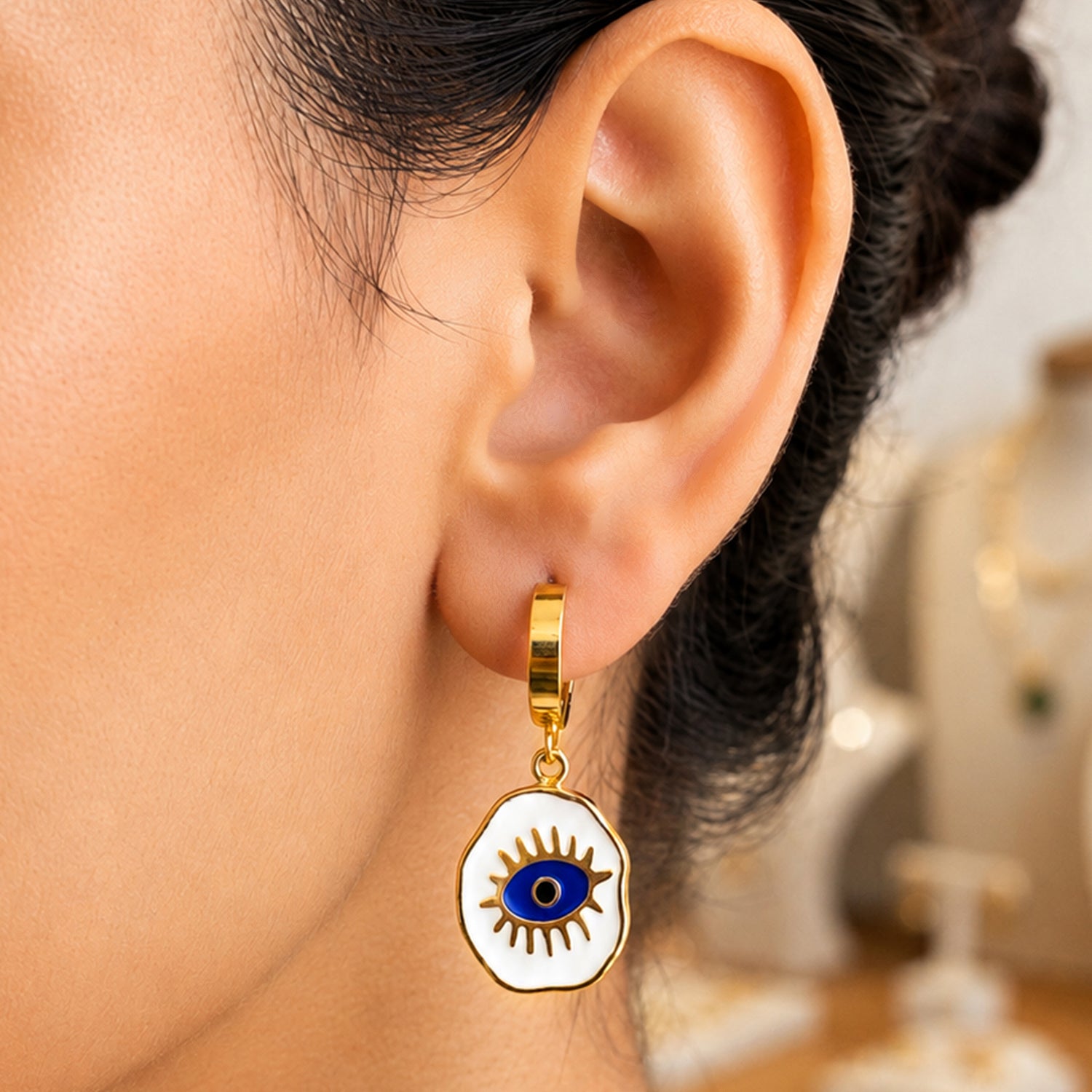 Artklim White & Blue Evil Eye Hoop Anti-Tarnish Earring