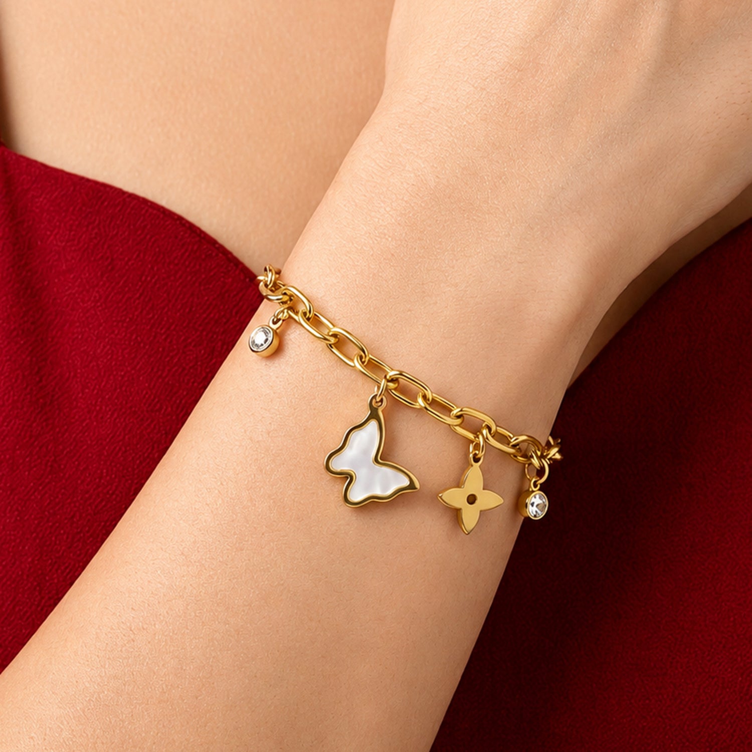 Artklim Butterfly Bloom Crystal Charm Gold Chain Anti-Tarnish Bracelet