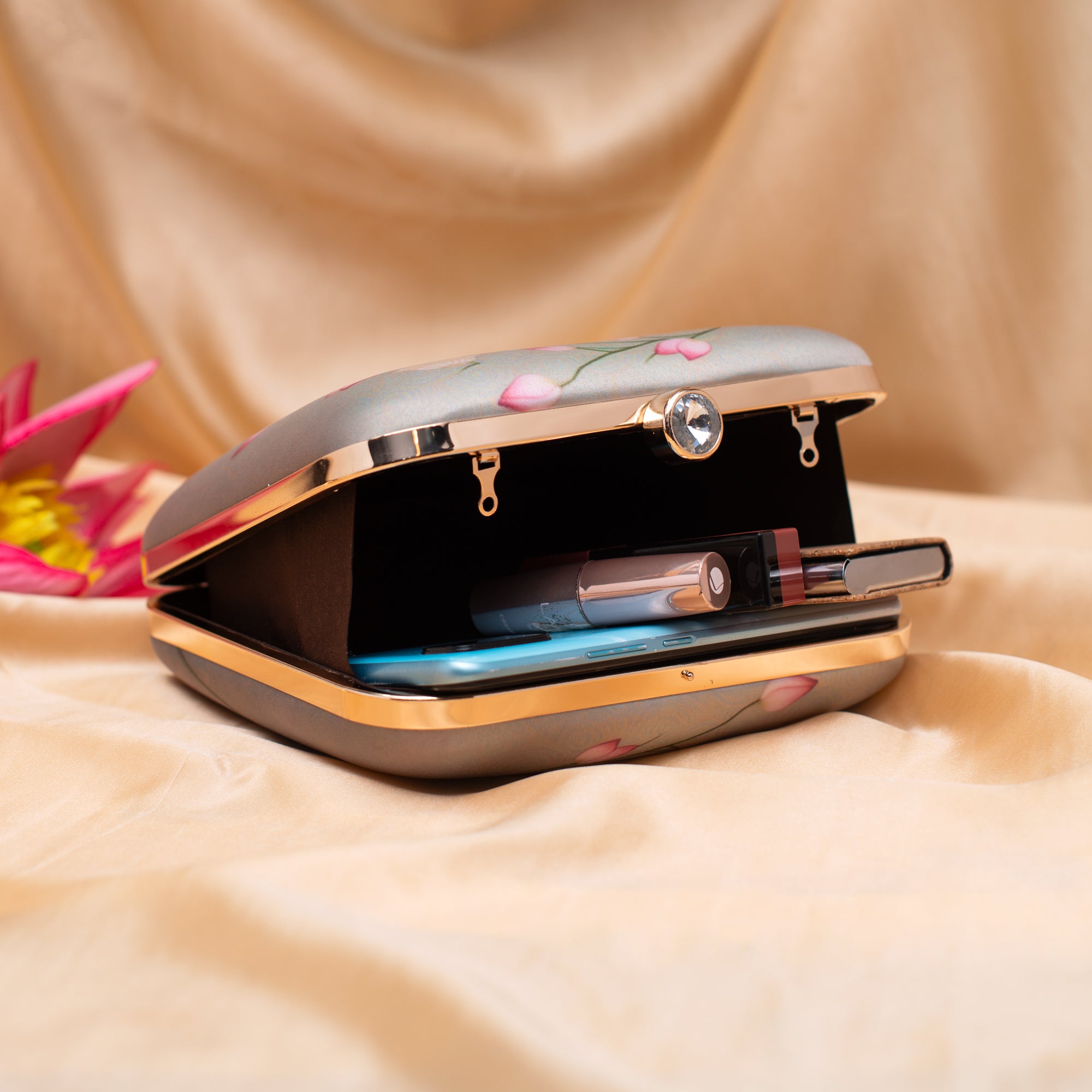 Artklim Lotus And Peacock Printed Clutch