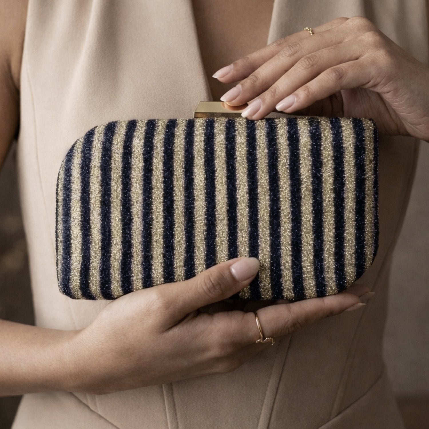 Artklim Navy Blue & Gold Striped Glitter Embroidery Clutch
