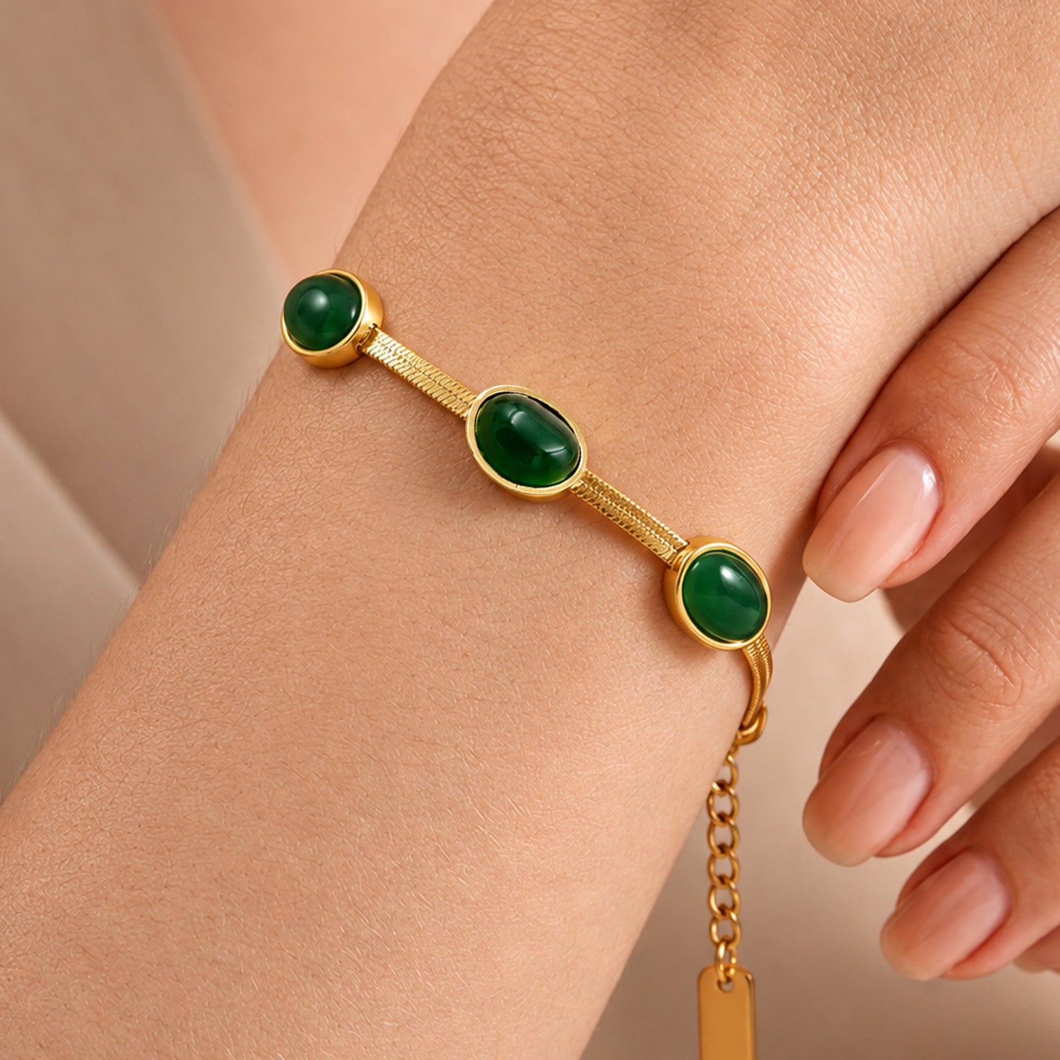 Artklim Emerald Oval Stone Snake Chain Anti-Tarnish Bracelet