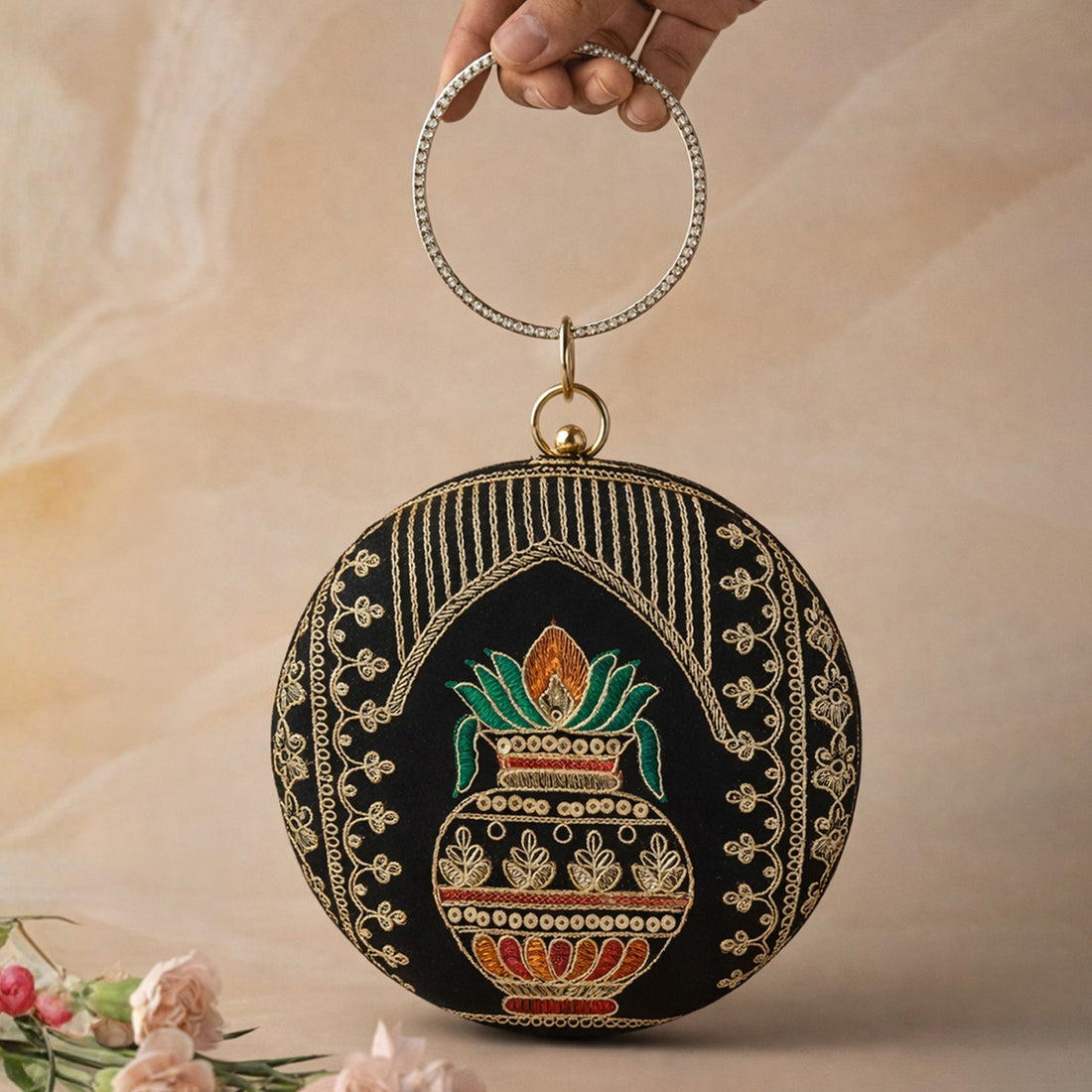 Artklim Royal Black Round Embroidered Clutch