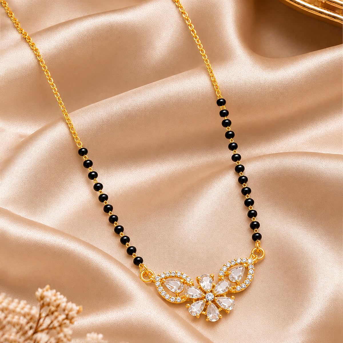Artklim Elegant Floral Butterfly Design CZ Stone Gold-Plated Mangalsutra with Black Beads