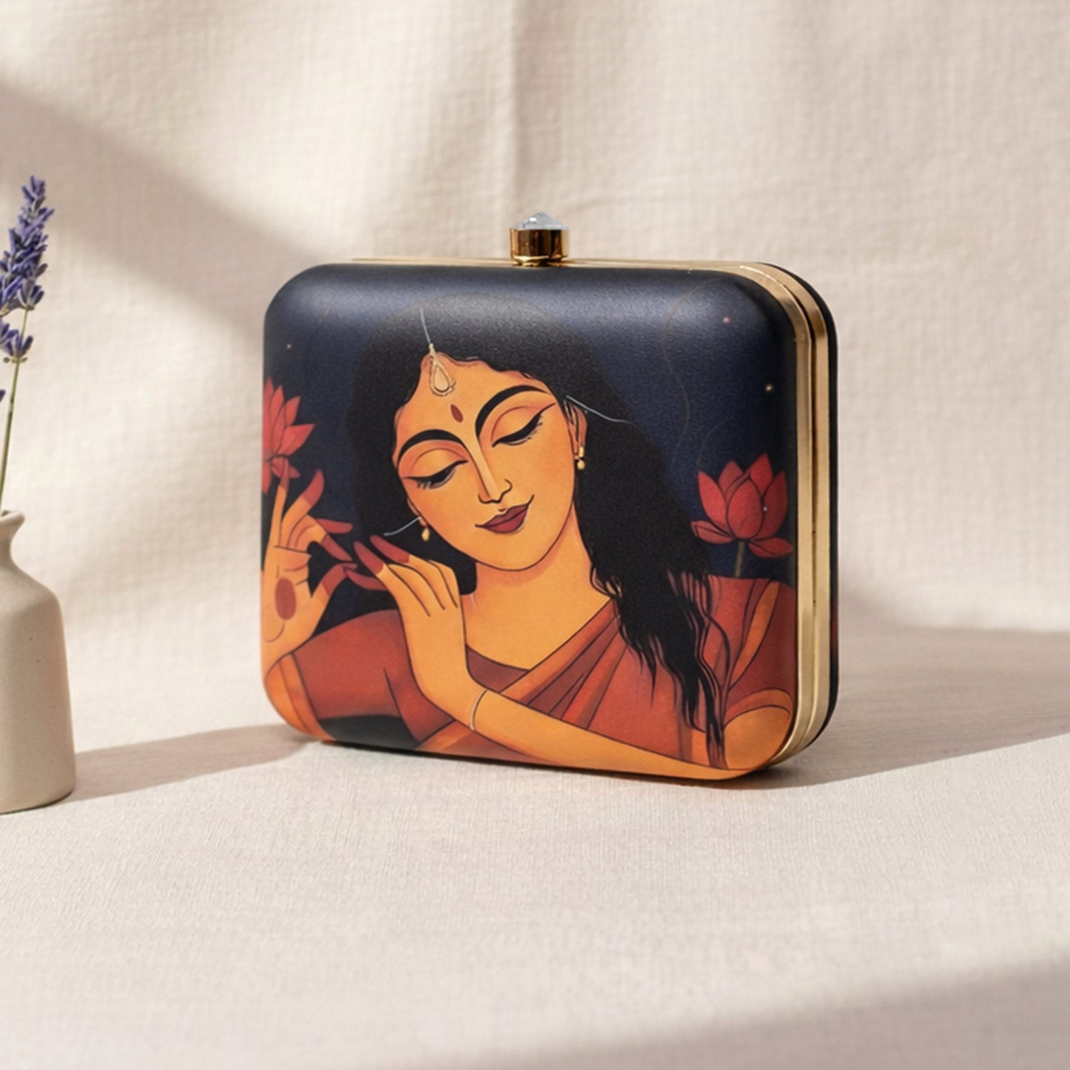 Artklim Black Based Dancing Lady Portrait Printed Clutch