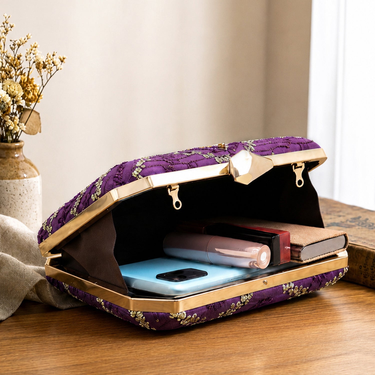 Artklim Purple Sequin Wave Pattern Embroidery Clutch