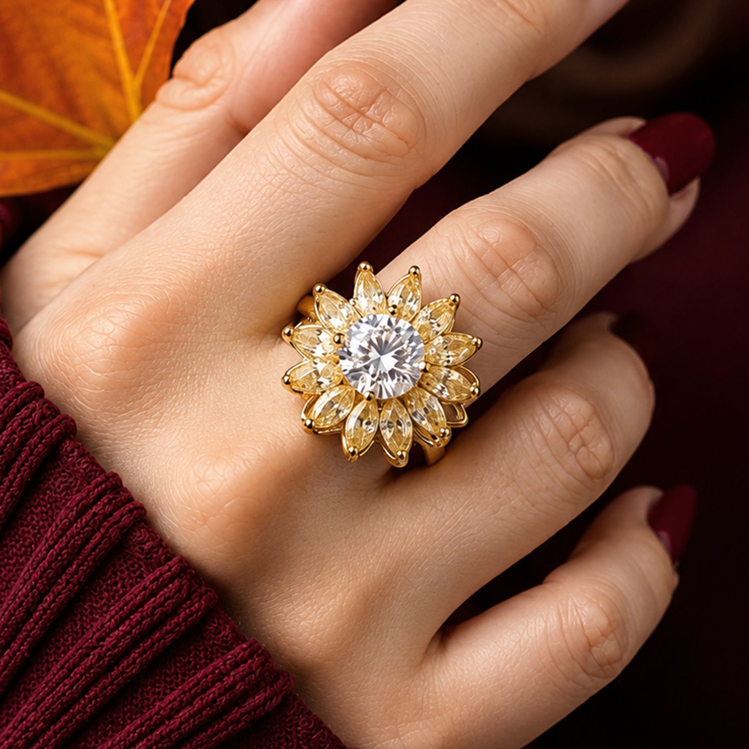 Artklim Golden Sunflower Revolving Crystal Adjustable Anti-Tarnish Copper Ring