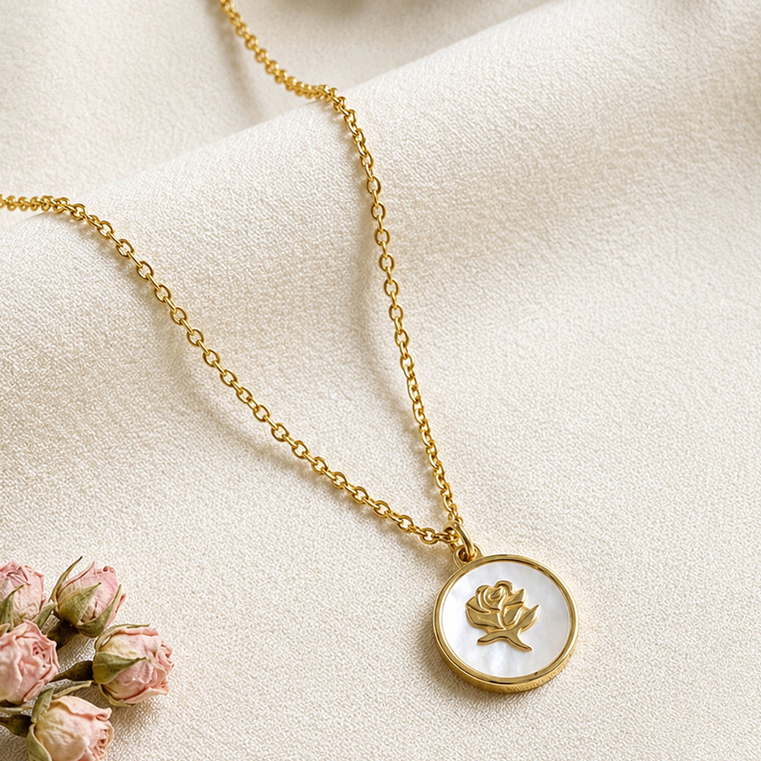 Artklim Mother of Pearl Rose Medallion Anti-Tarnish Pendant Necklace