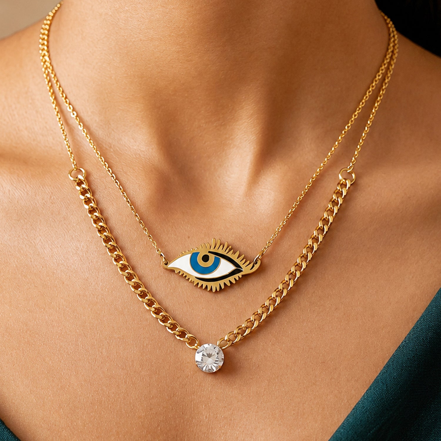 Artklim Evil Eye Charm Crystal Gold Chain Anti-Tarnish Necklace