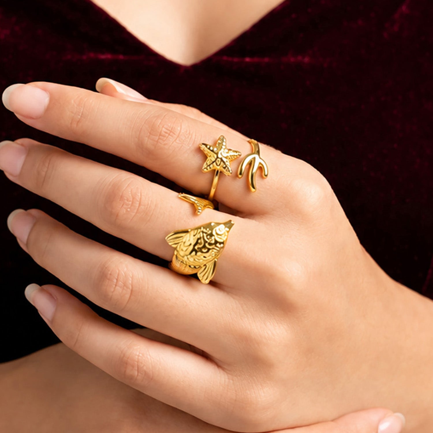 Artklim Starfish & Dolphin Ocean Pair Ring Set Adjustable Anti-Tarnish Ring