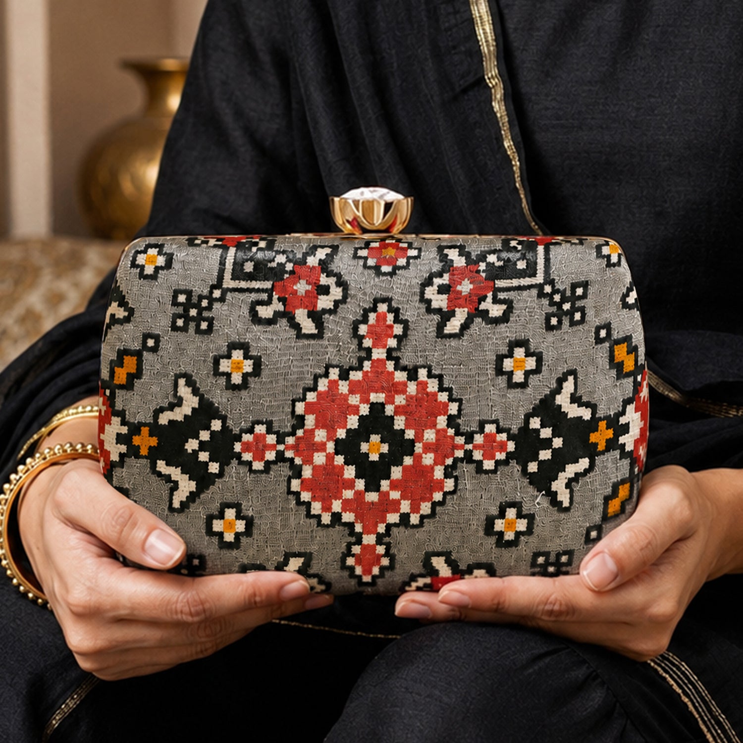 Artklim Grey Red Ethnic Geometric Floral Pattern Printed Clutch