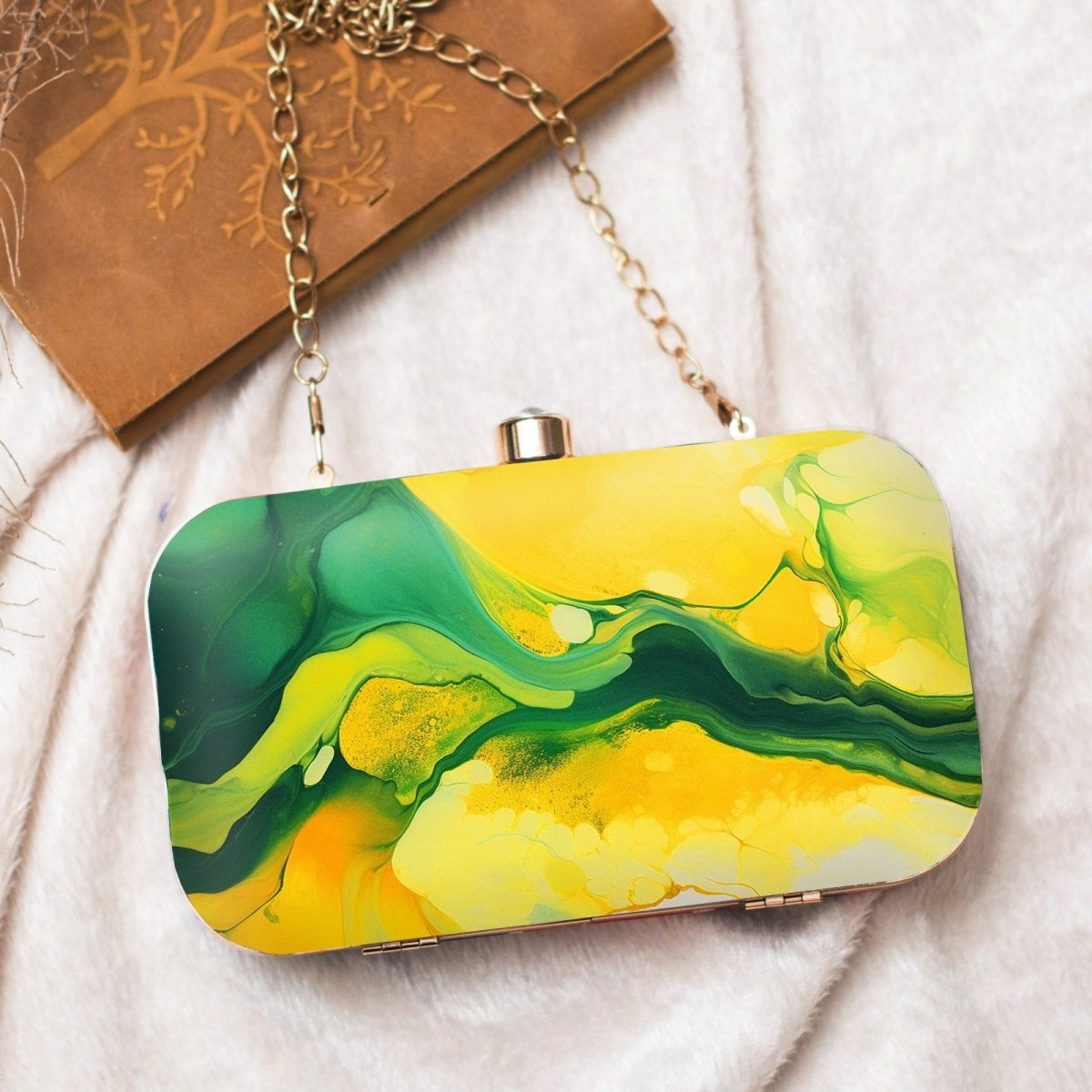 Green And Yellow Flow Art Printed Clutch