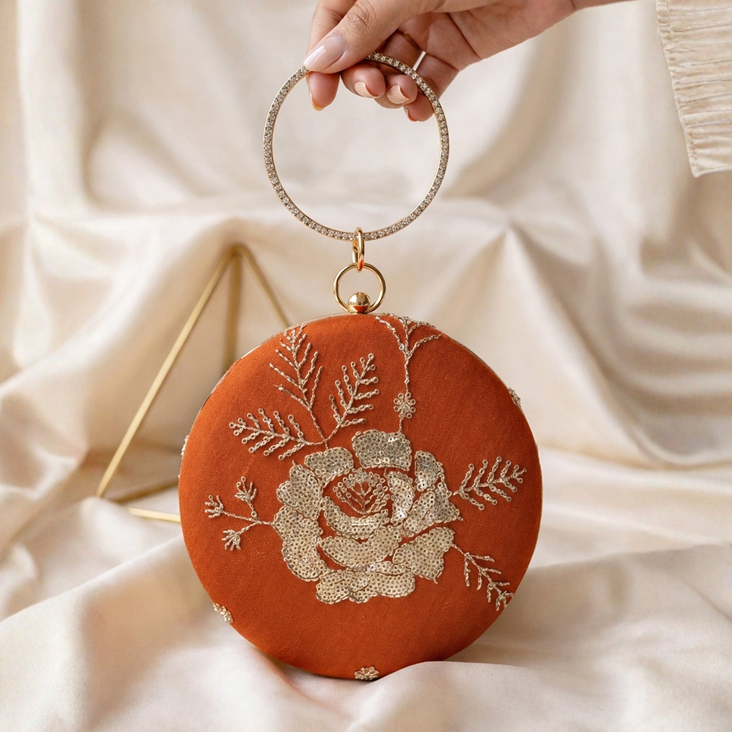 Artklim Burnt Orange Floral Embroidered Round Clutch