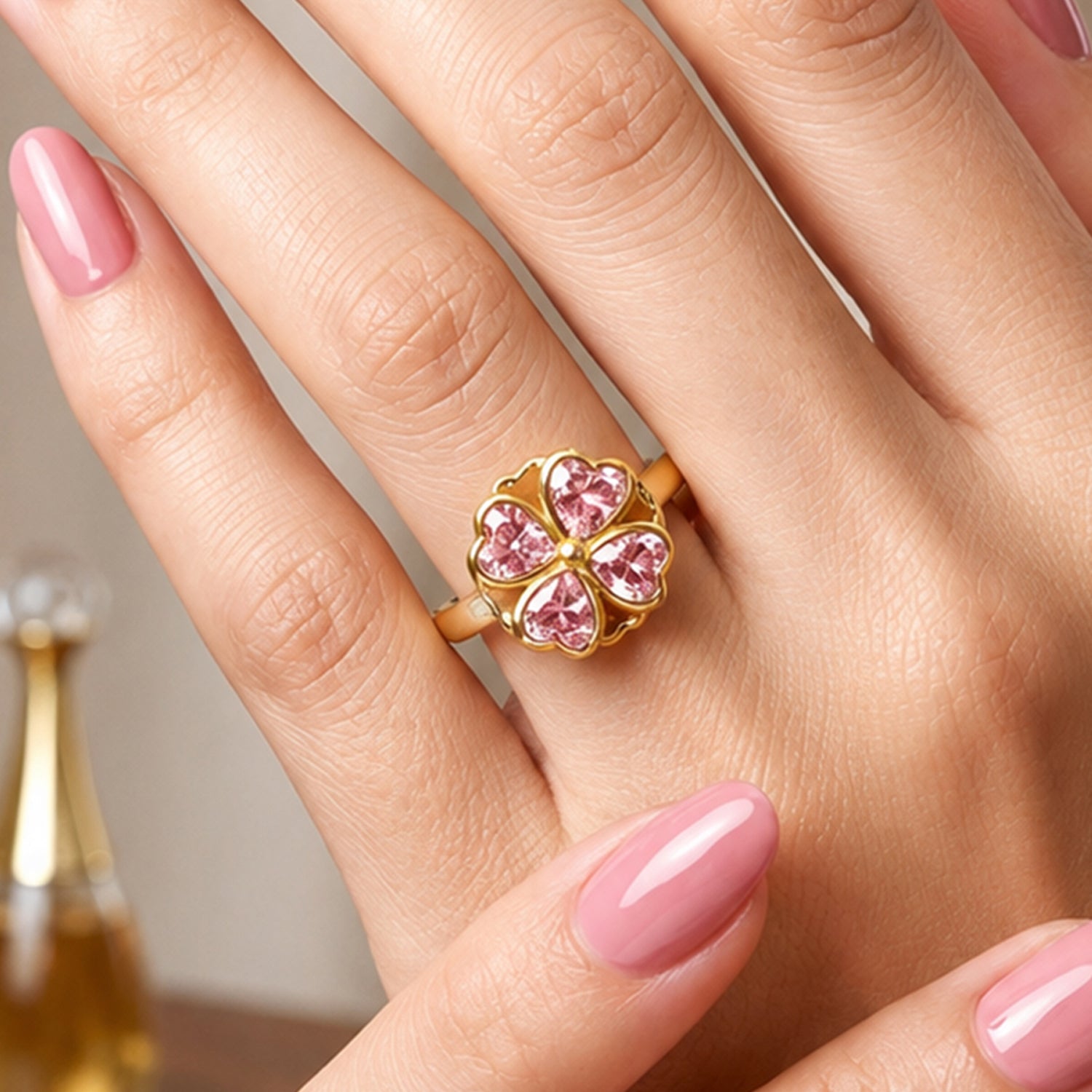 Artklim Gold Clover Revolving Flower Crystal Adjustable Anti-Tarnish Copper Ring