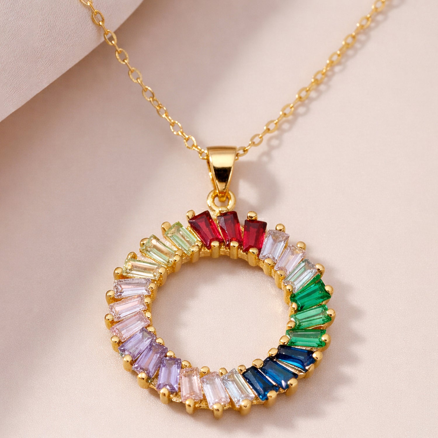 Artklim Gold-Plated Rainbow Baguette Stone Circle Anti-Tarnish Pendant Necklace