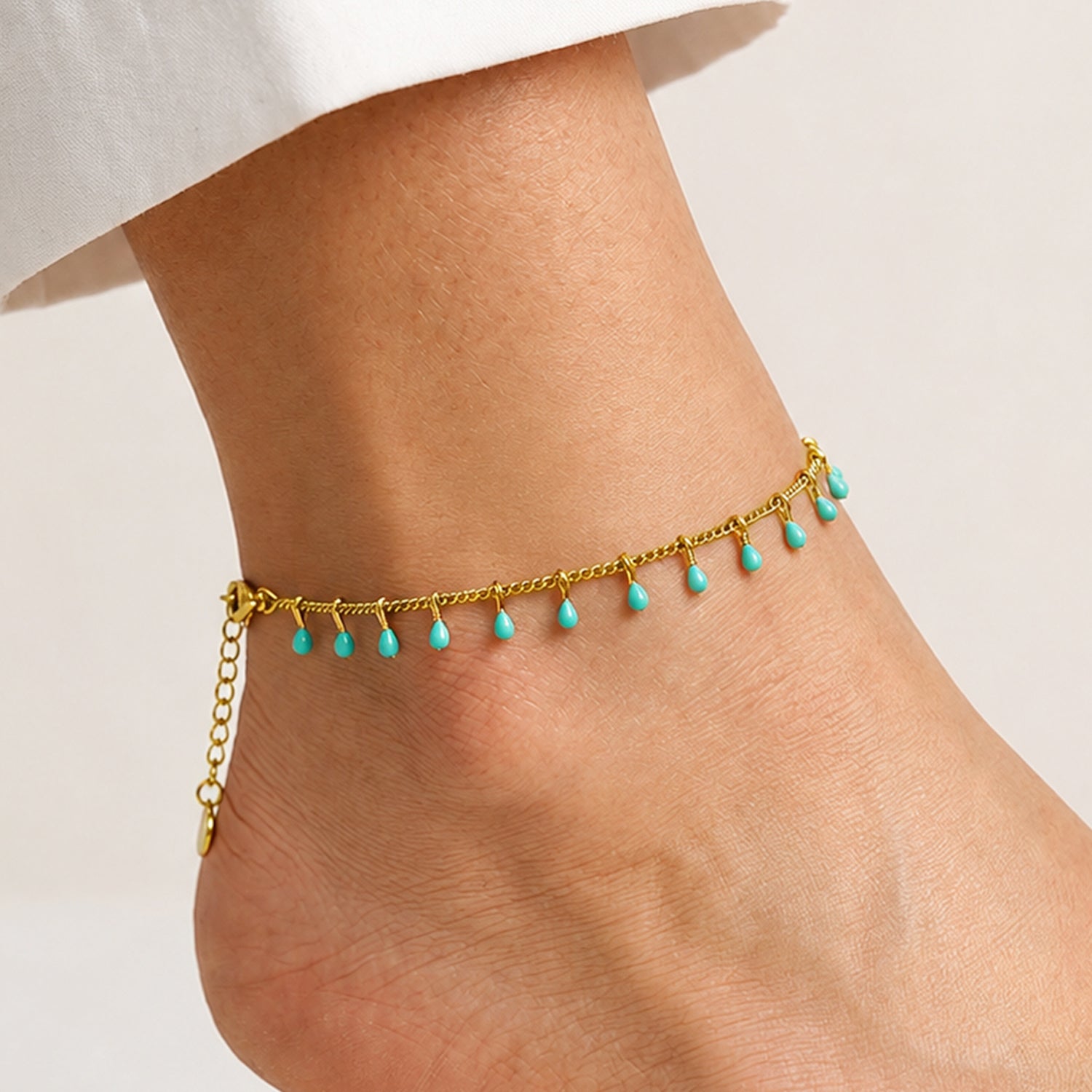 Artklim Turquoise Enamel Teardrop Charm Gold Chain Anti-Tarnish Anklet