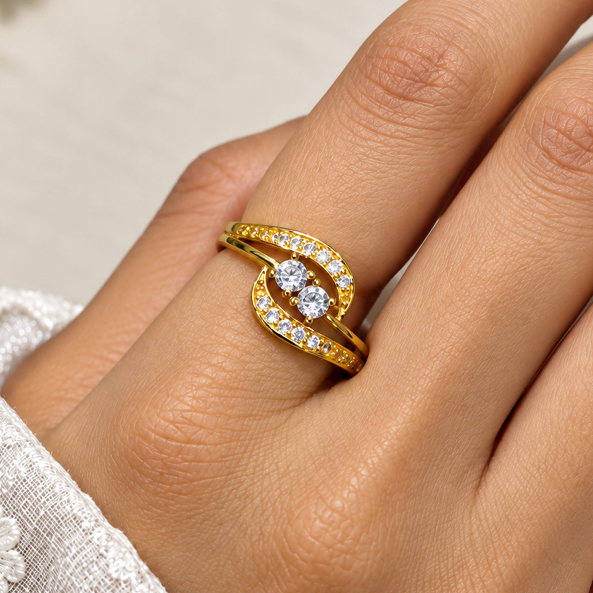 Artklim Elegant Double Crystal Gold-Tone Anti-Tarnish Ring