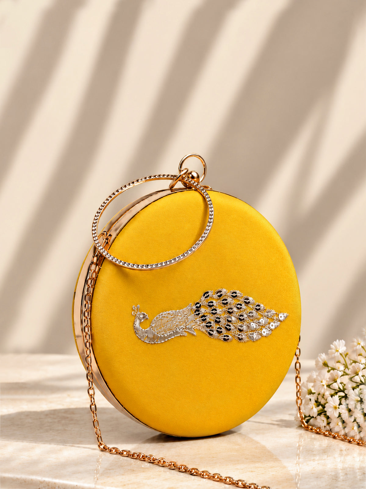 Artklim Elegant Intricate Peacock Embroidery Round Clutch Bag with Golden Crystal Ring Handle