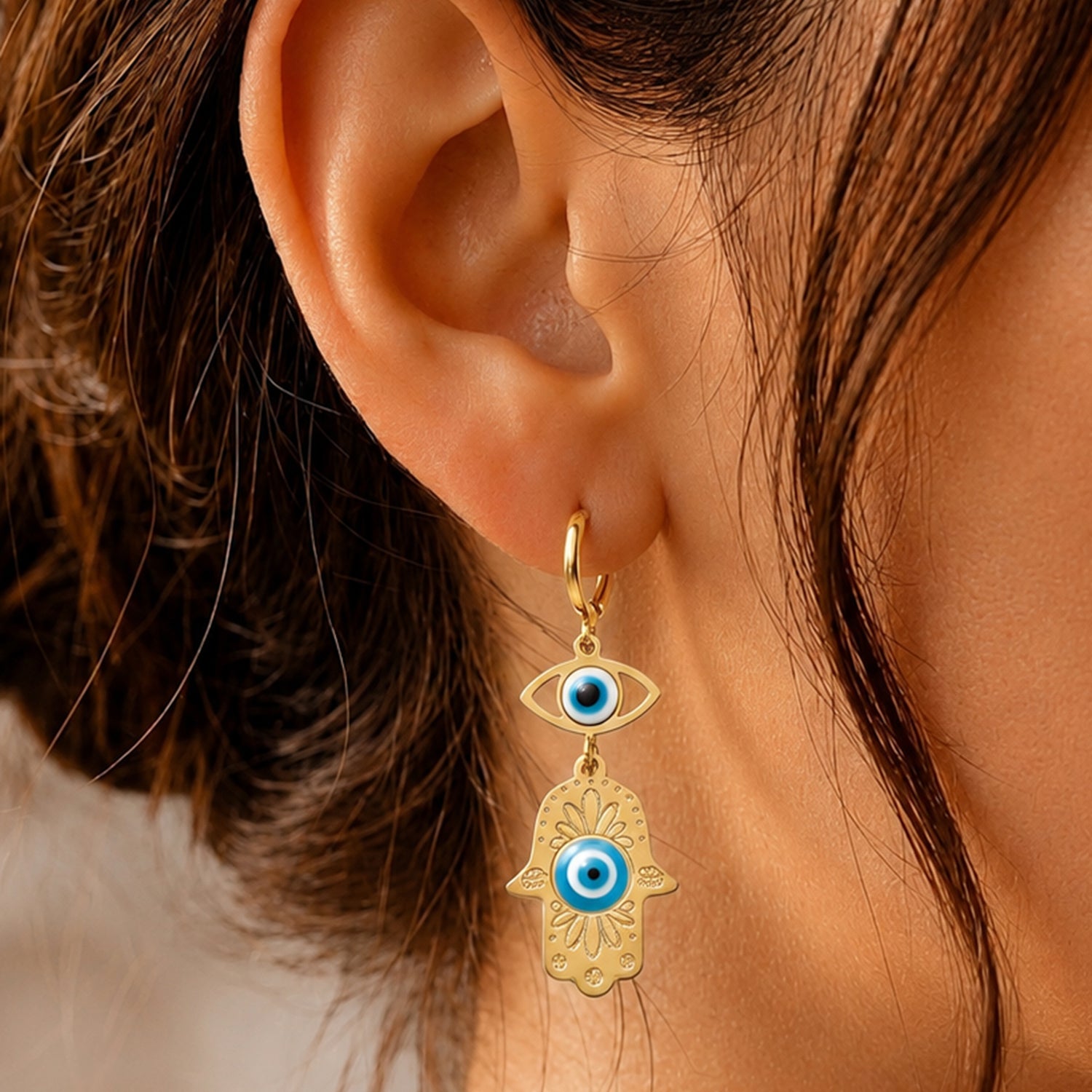 Artklim Evil Eye Hamsa Hand Hoop Anti-Tarnish Earring