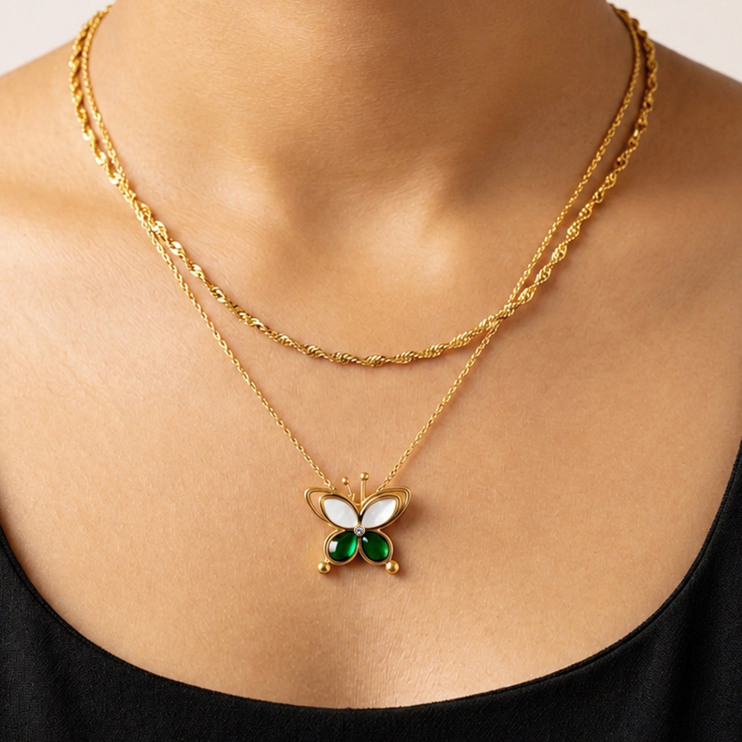 Artklim Green Butterfly Layered Gold Chain Anti-Tarnish Necklace