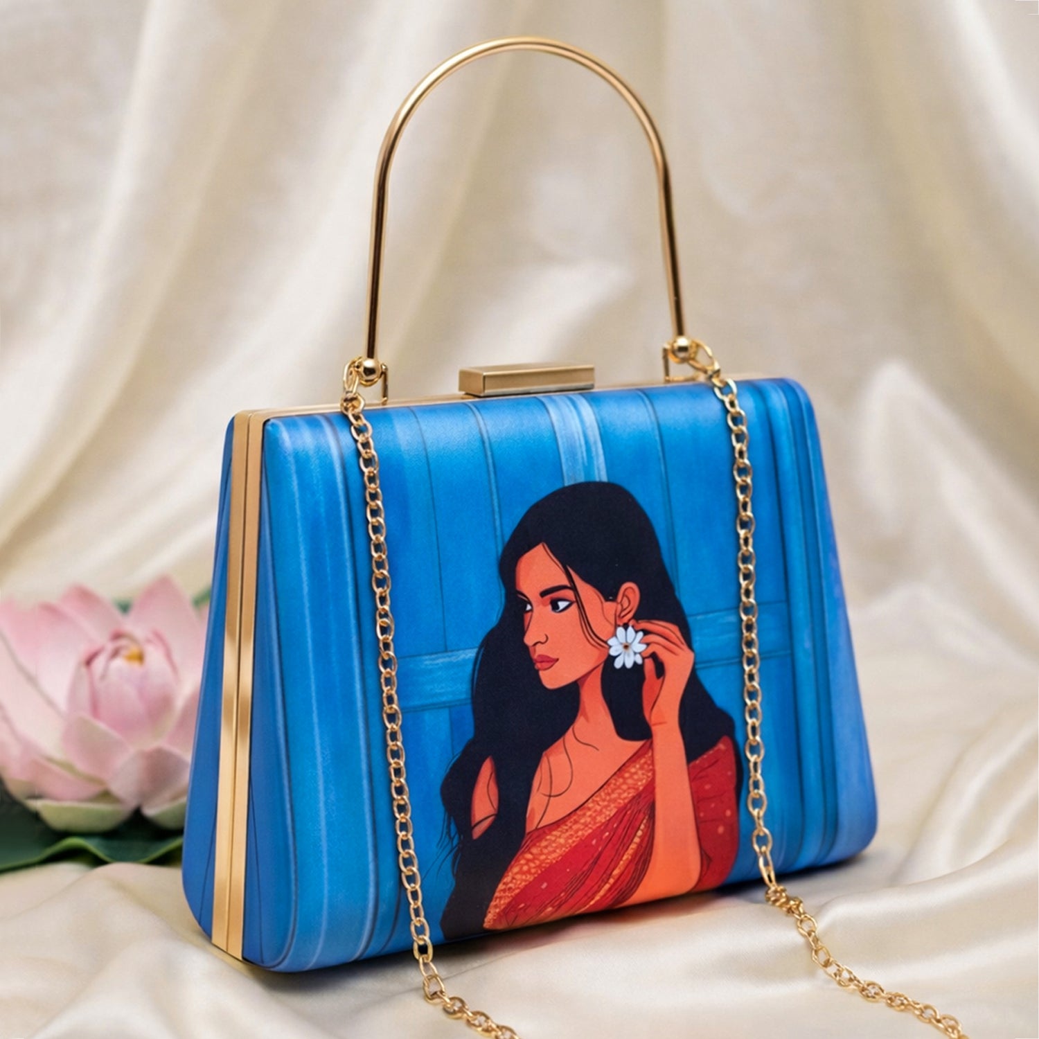 Artklim Blue Based Red Saree Women Portrait Printed Clutch