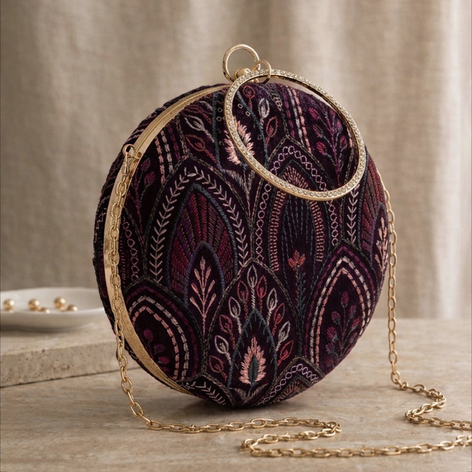 Artklim Royal Maroon Heritage Velvet Embroidery Clutch